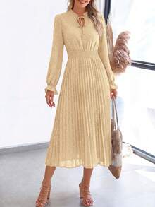 PRETTYGARDEN Women's Spring Fall Midi Dress Casual Long Sleeve V Neck Swiss Dot Pleated A Line Flowy Dresses New Years Party Valentine Vacation Dresses For Women - 杏色 - 查看 5