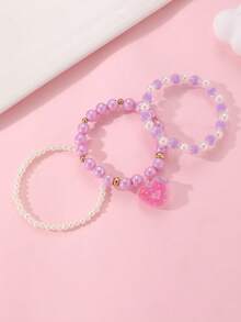 3pcs/Set Girls Colorful Beads Beaded Heart Bracelet Set Combination Suitable For Daily Decoration - Multicolor - View 3