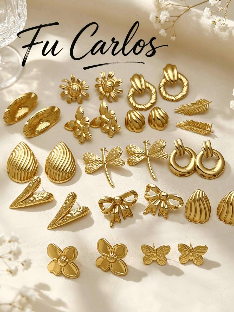 2/24pcs Stainless Steel Gold Stud Earrings Set, Fashion Floral Pearl Star Shape Women's Earrings, Women's Accessories For Daily Wear, Party, Halloween Gift - Gold Earring Set - View 1