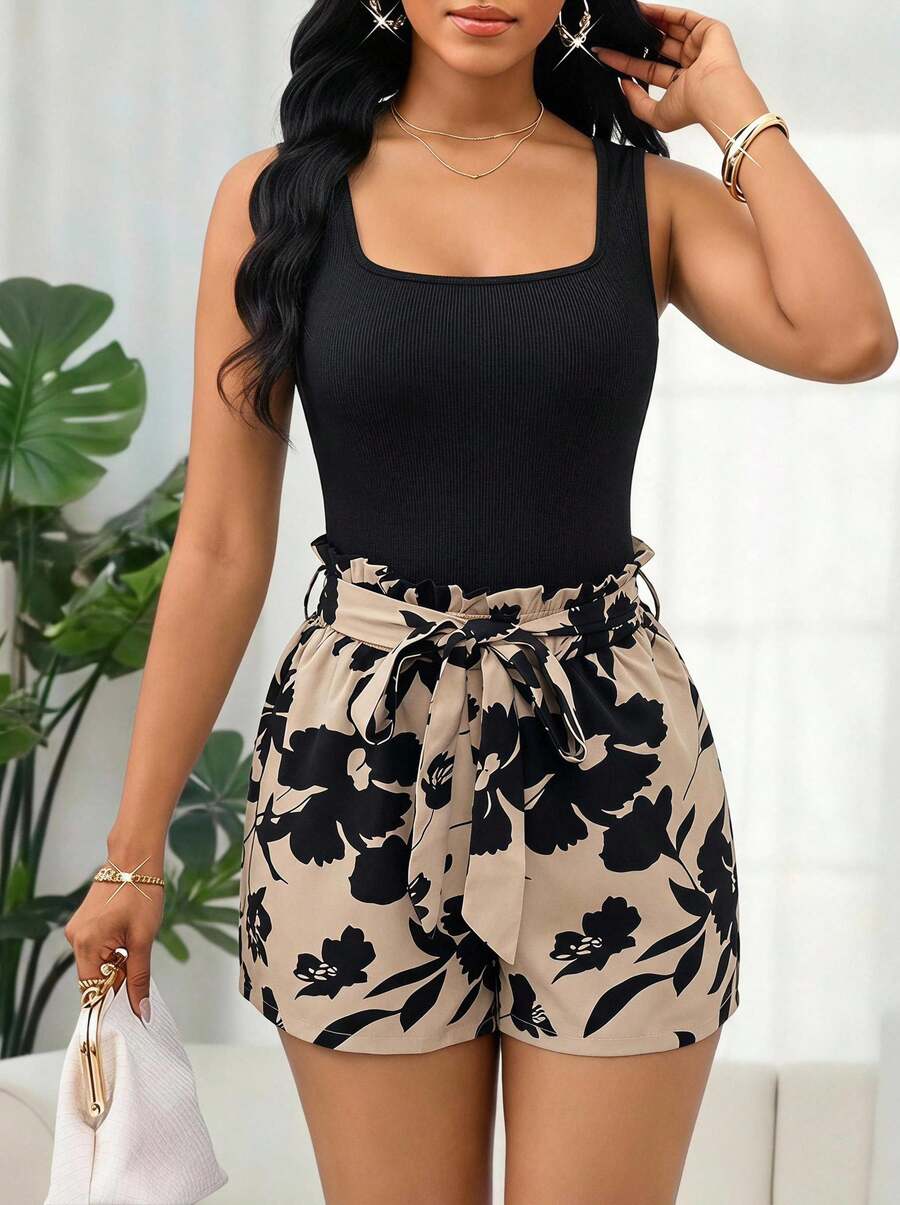 SHEIN Lady 2件套女士度假休闲纯色背心和花卉印花短裤套装 - 彩色 - 查看 1
