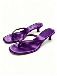 Women's Mid-Heel Sandals White Lace-Up Decor Open Toe Toe-Clip Mid-Heel Slides 2026 Spring/Summer New Kitten Heel Beach Vacation Outdoor, Flip Flops - Purple - View 2