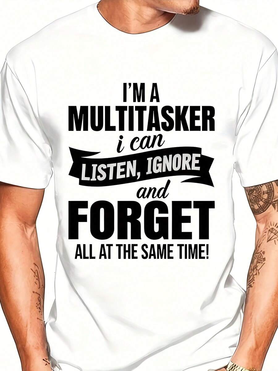 Funny Slogans For Men T Shirt,Multi-Tasking Design - Loose And Casual Style,With Humorous And Satirical Patterns,Short Sleeve Round Neck,Printed"I Can Hear,Can Be Ignored,Can Forget"Words,Available In Black And White,Large Sizes Available. - 白色 - 查看 1