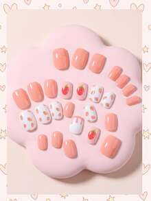24pcs Cute Design Small Acrylic Fake Nails For Kids, Strawberry Pattern & Strawberry Milk Drip Short Oval Press-On Nail Tips, Cute And Sweet, Pre-Glued Full Coverage Small Nail Tips, Suitable For Kids Girls Gift, Birthday Party And Makeup Decoration - Multicolor - View 5