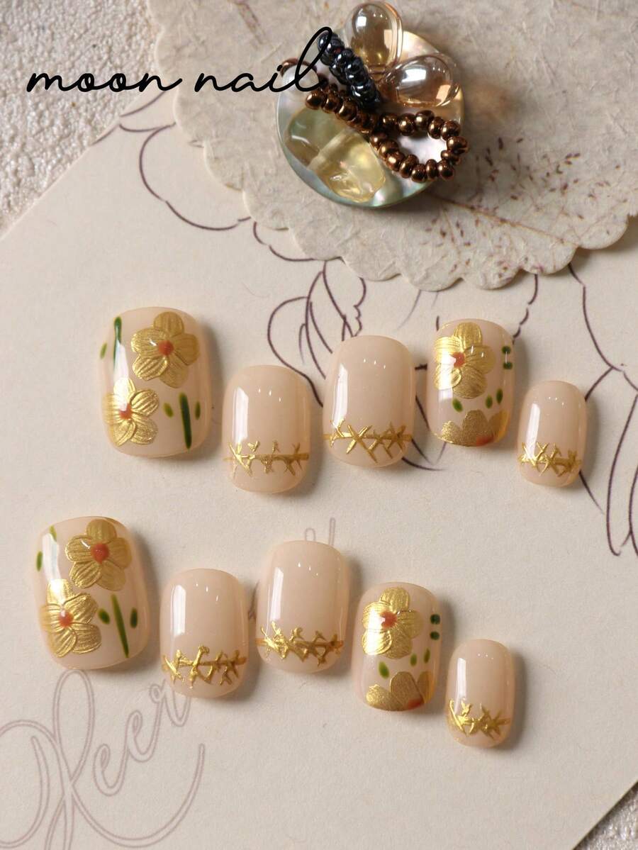 10pcs Press On Nails Yellow Flower Green Leaf Nails Press On Nail Supplies Short Nails Fake Nails Artificial Nails Kit Includes 1sheet Adhesive Tabs &1 Pc Mini File - Multicolor - View 1