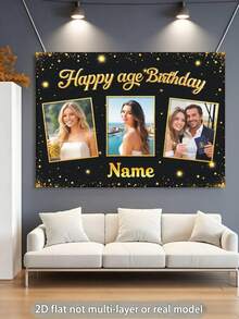 1pc Customizable Photo, Name, Year Black & Gold Glitter Happy Birthday Banner Background, Personalized Gold Glitter Birthday Party Name Decor, Suitable For Cake Table, Photography Backdrop, Vinyl Material - Black Gold - View 3