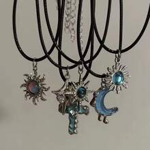 Sun Moon Star Women's Pendant Necklace Black Leather Cord Jewelry - Multicolor - View 2