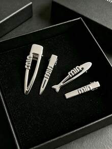 4pcs/Set Silver Letter Mini Alloy Hair Clips, Combination Set, Cool Style Niche Design Premium Side Bang Clips, Versatile Alligator Hair Clips,Claw Clips - Silver - View 7