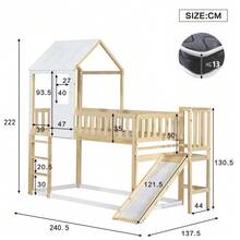 Bunk Bed With Right-Angled Ladder And Slide, House Bed With Roof And Window, With Fall Protection And Railing, Pine Frame, Natural+White (90x200cm) - Natural - 查看 2