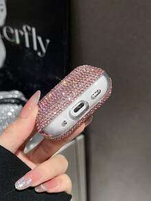 1 pieza Funda protectora de auriculares de lujo de alta gama con strass brillante, diseño femenino de strass completo, anti-caída y anti-pérdida, adecuada para la serie de auriculares Bluetooth - Rosa - Ver 3