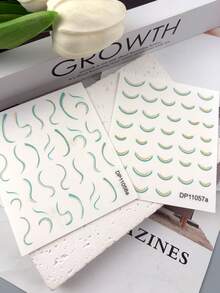Tiebeauty 2件組 Curve 系列美甲貼紙套組，薄荷綠輪廓＋銀色亮片水鑽線條，冰透馬卡龍色，海灘風，適合日常通勤、海邊度假、約會等多用途美甲貼 - 彩色 - 查看 5