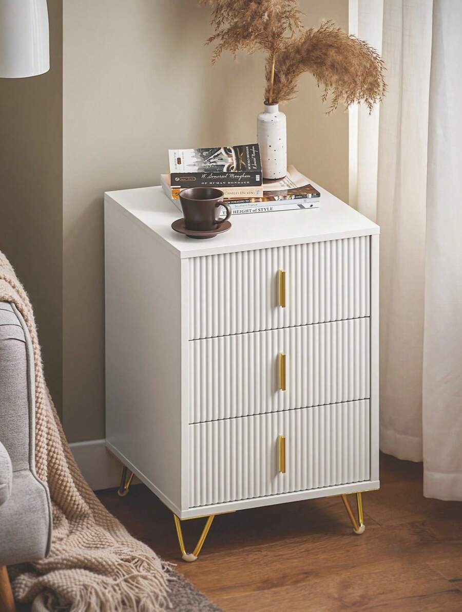 SoBuy Mesita de noche, mesita de noche con 3 cajones y compartimento de almacenamiento, mesa auxiliar moderna para dormitorio y sala de estar. - Blanco - Ver 1