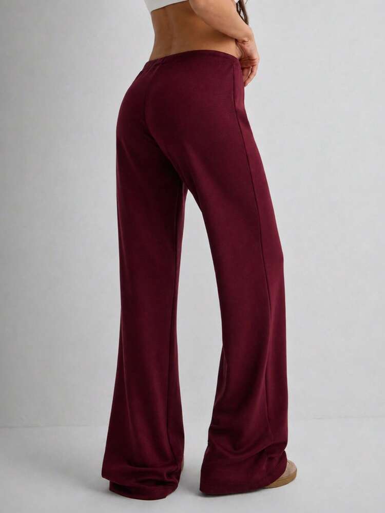 Women's Casual Black Wide Leg Fabric Pants With Drawstring Detail Long Medium Stretch - Red - View 2