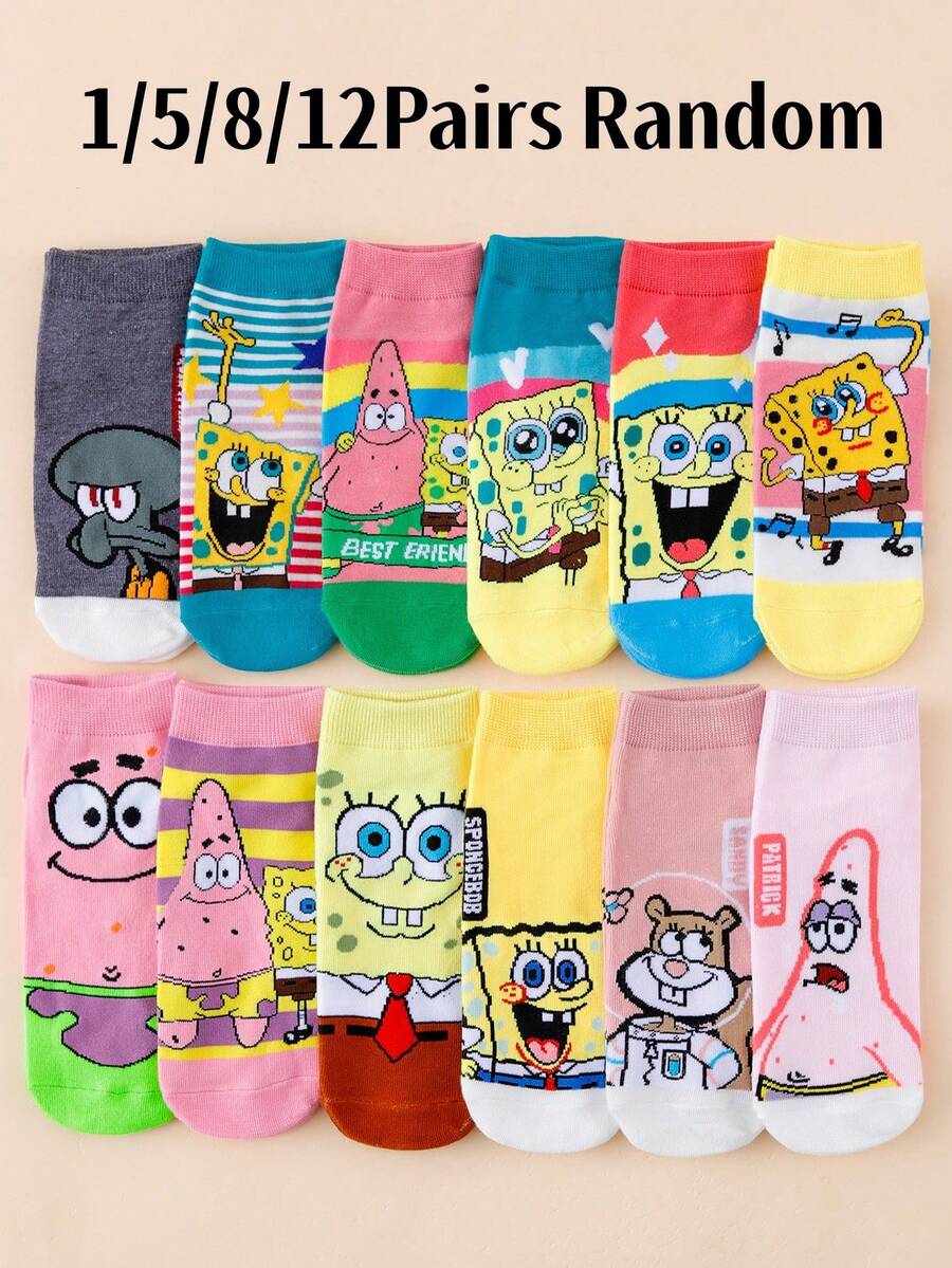 SpongeBob SquarePants 1/5/8/12 pares de calcetines de tobillo para mujer con personajes completos aleatorios, tonos de color macaron, calcetines versátiles casuales para uso diario - Multicolor - Ver 1