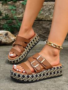 2025 New Women's Fashion Minimalist Comfortable Personalized Simple Black Fabric Thick Bottom Platform Sandals - Brown - View 2