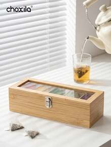 choxila 1Pc Wooden Tea Bag Storage Box, Compartment Desktop Sundries Organizer Flip Cover Storage Rack For Office Coffee Tea Storage - Wooden Tea Bag Storage Box - View 3