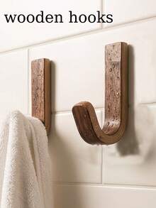 Walnut Color Wooden Wall Hook No-Drill Bathroom Kitchen Door Hanging Organizer Clothes Bag Storage Rack Heavy Duty Durable Home Essential Decor - Multicolor - View 2