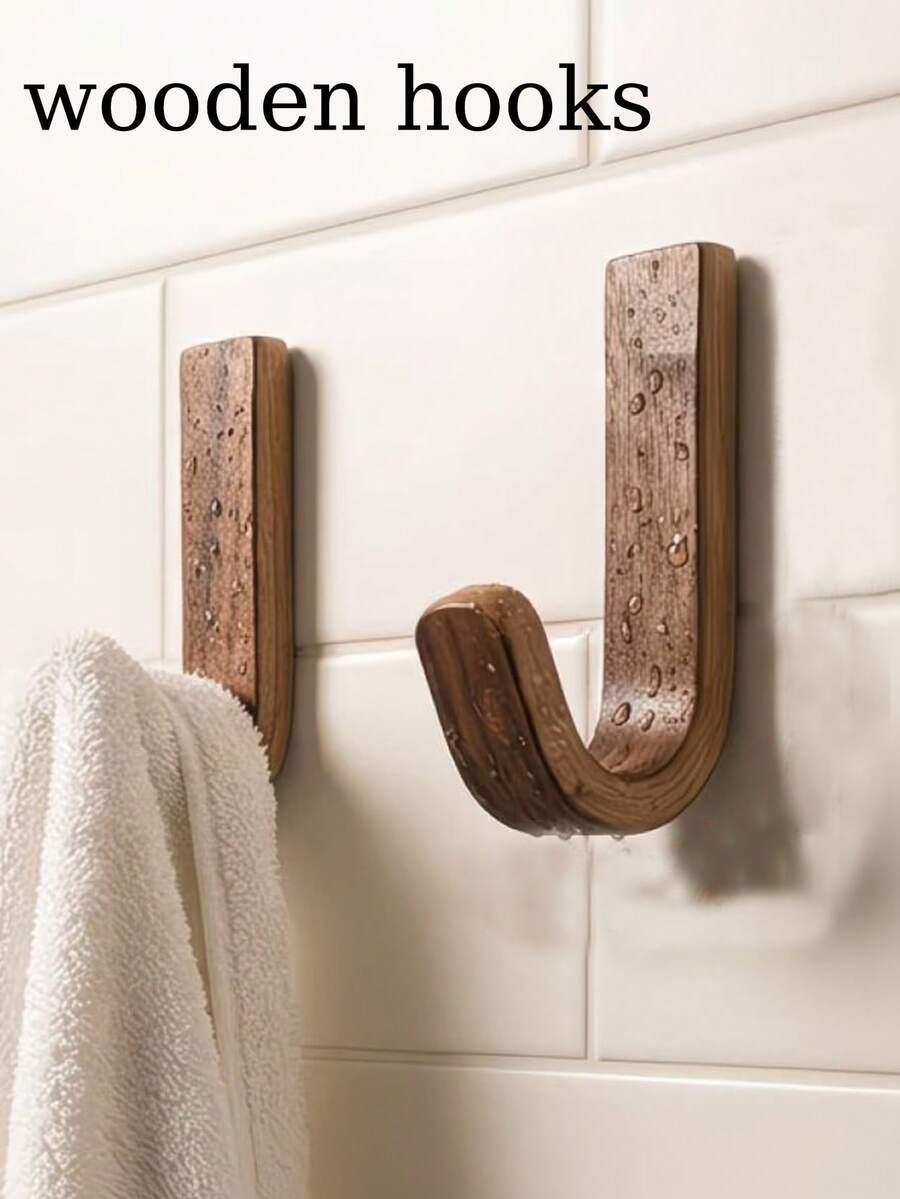 Walnut Color Wooden Wall Hook No-Drill Bathroom Kitchen Door Hanging Organizer Clothes Bag Storage Rack Heavy Duty Durable Home Essential Decor