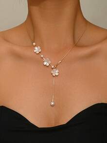 1pc French Romantic Style Cherry Blossom Y-Shaped Necklace For Women, Versatile Jewelry For Date, Vacation, Party, Gathering, Eye-Catching Design - White - View 1
