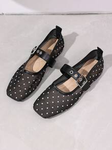 Zapatos Mary Jane de malla con lunares para mujer, primavera/verano, estilo vintage francés, punta cuadrada, correa única, zapatos planos para uso diario - Negro - Ver 6