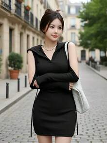 Backless Lace Up Hooded Bodycon Dress - Black - View 9