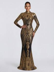 Elegant Stand Collar Long Sleeve Black & Gold Geometric Sequin Patchwork Mermaid Party Evening Dress (Front Top Half, Back Random Floral Pattern, Not Matched Placement) - Black - View 3
