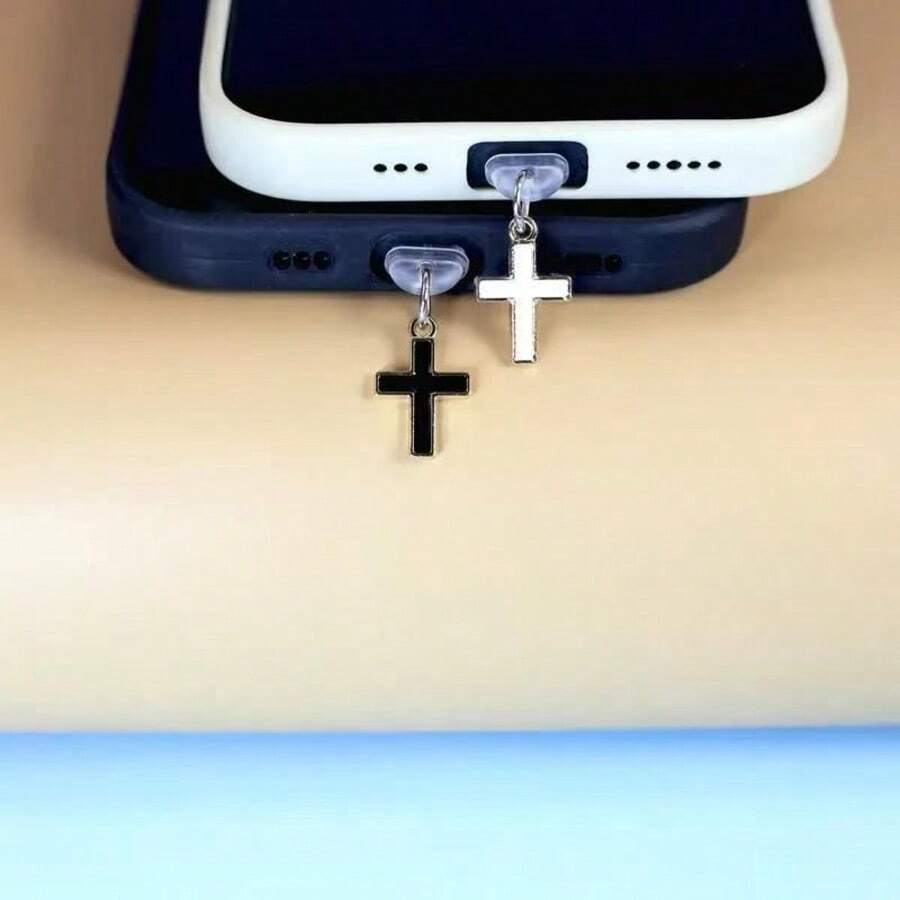 手機防塵塞 黑色十字防塵吊飾 情侶耳機吊飾飾品 相容 Apple Type-C - 彩色 - 查看 1