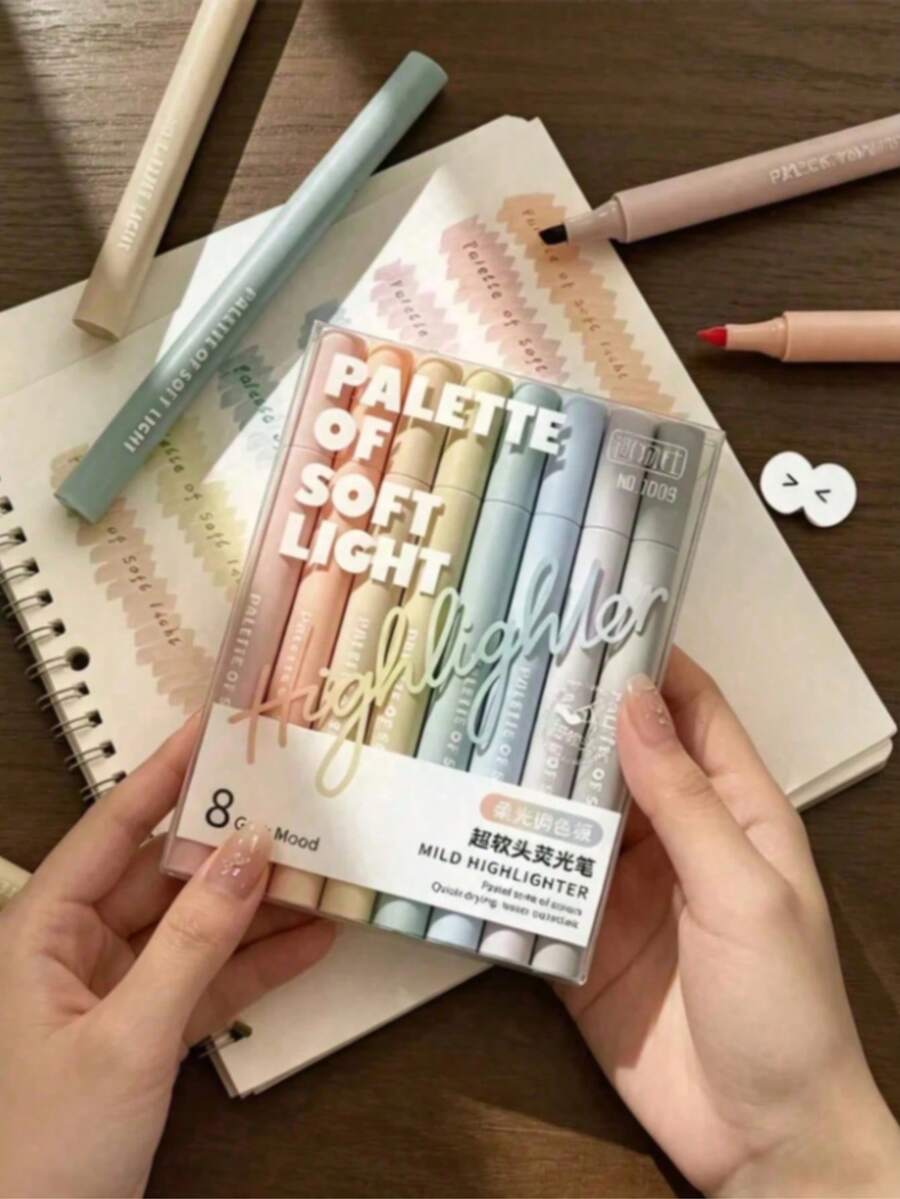 1Pc/8Pcs Axe-Shaped Soft Tip Glow Highlighters, Soft Light Marker Pens, Eye-Friendly Pastel Ink, Perfect For Note Marking, Journal Decor, Doodling, Study, Office Work And DIY Crafts, Popular Back To School Stationery. - Multicolor - View 1