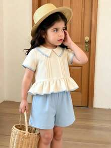 2pcs/Set Young Girls' Fresh & Gentle Contrast Color Collar Top + Solid Color Casual Shorts Set, Summer - Apricot - View 2