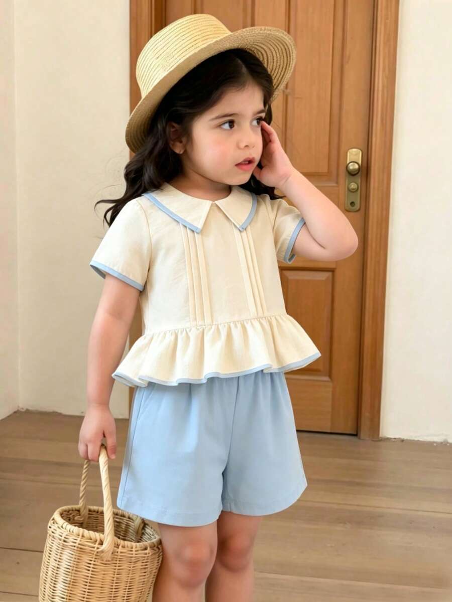 2件套 女童清新柔美撞色领上衣+纯色休闲短裤套装,夏季 - 杏色 - 查看 1