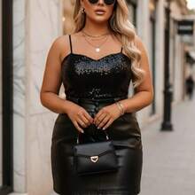 Conjunto Feminino Plus Size Regata Paetê E Saia Couro - cód 01 - Visão 1