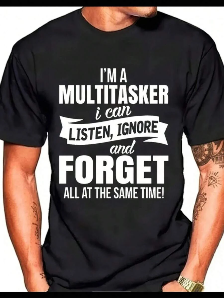 Funny Slogans For Men T Shirt,Multi-Tasking Design - Loose And Casual Style,With Humorous And Satirical Patterns,Short Sleeve Round Neck,Printed"I Can Hear,Can Be Ignored,Can Forget"Words,Available In Black And White,Large Sizes Available. - 黑色 - 查看 1