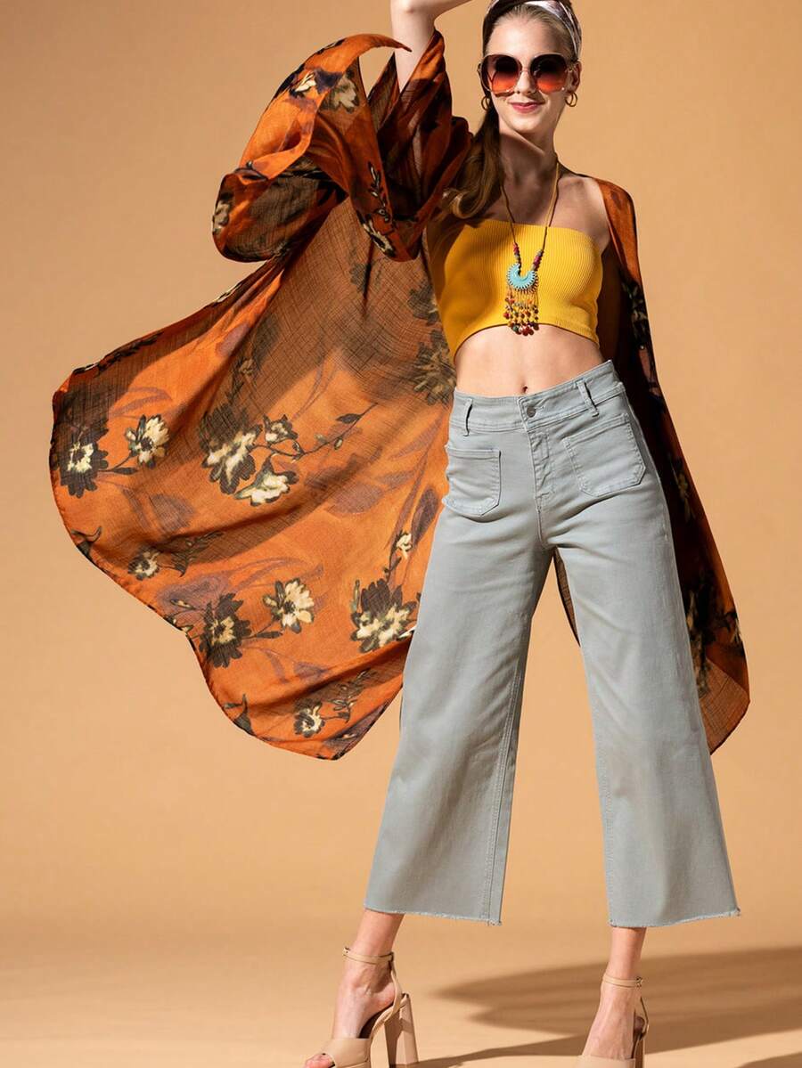 女款花卉印花寬鬆和服式罩衫 夏季 - 珊瑚橙 - 查看 1