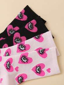 2 Pairs Women's Fashion Eye And Heart Pattern Mid-Calf Socks, Holiday - Multicolor - View 4