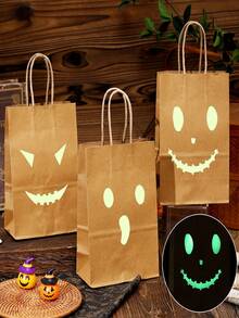 6pcs/Set Halloween Fluorescent Kraft Paper Gift Bags, Pumpkin Face Kraft Paper Bags, Trick Or Treat Bags - Multicolor - View 8