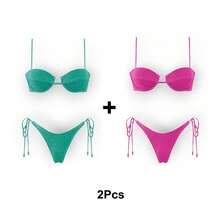 Women's Glossy String Bikini Set Soild Swimsuit Women's Fashion Bikini Green Halter Sport Swimsuit Beach Vacation Low Cut Shiny - 綠+紅 - 查看 7