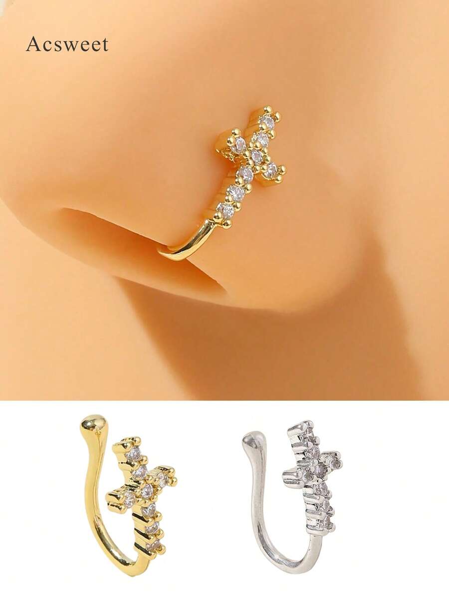 1pc Rhinestone Cross Decor Nose Clip, No Piercing Required, Gold/Silver Copper Material, Popular Style Fake Piercing Nose Ring Body Jewelry, Unisex Gift - Silver - View 1