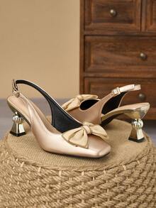 WHDXY French Luxury Champagne Bow Backless Slingback Pumps With Asymmetric Mid Heel, Suitable For Commuting And Dating - Rose Gold - View 4