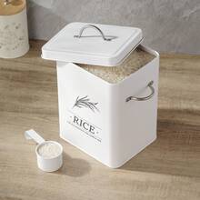 Vintage White Metal Rice Bucket With Lid And Measuring Spoon, Large Airtight Grain Storage Container, Moisture-Proof, Suitable For Kitchen Countertop, 5/10KG Capacity, Ideal For Storing Rice, Flour, Oats And Dry Goods - White - View 10
