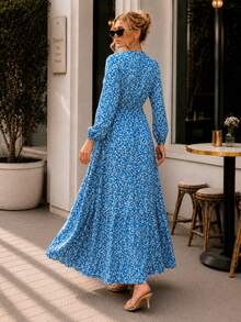Women's A-Line Floral Maxi Dress With Long Sleeves - Blue - View 6
