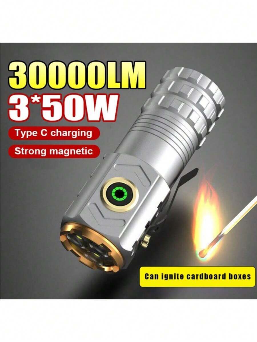 Super Bright Portable Flashlight Multifunctional Rechargeable Flashlight with Powerful Magnet Emergency Flashlight with 3*50W LED - Gris - Ver 1