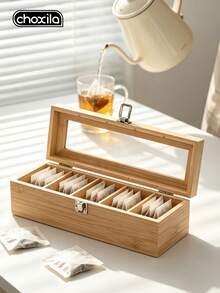 choxila 1Pc Wooden Tea Bag Storage Box, Compartment Desktop Sundries Organizer Flip Cover Storage Rack For Office Coffee Tea Storage - Wooden Tea Bag Storage Box - View 3
