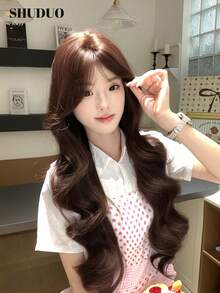 alicegarden 28-Inch Long Synthetic Wig Featuring A Natural Wavy Style In A A Stunning Chocolate Brown. Designed With Bangs , This False Hairpiece Is Perfect For Ms Daily Use, Offering A Natural And Natural Durable Wig Gift For Ladies. (No Accessories) - Chocolate Brown - View 1