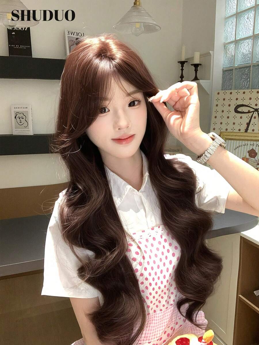 alicegarden 28-Inch Long Synthetic Wig Featuring A Natural Wavy Style In A A Stunning Chocolate Brown. Designed With Bangs , This False Hairpiece Is Perfect For Ms Daily Use, Offering A Natural And Natural Durable Wig Gift For Ladies. (No Accessories) - Chocolate Brown - View 1