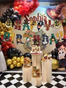 Harry Potter 哈利波特生日橫幅套裝－可客製化懸掛、簡易安裝，可搭配金色金探子裝飾盤，可重複使用，適合粉絲生日派對裝飾 - 彩色 - 查看 1