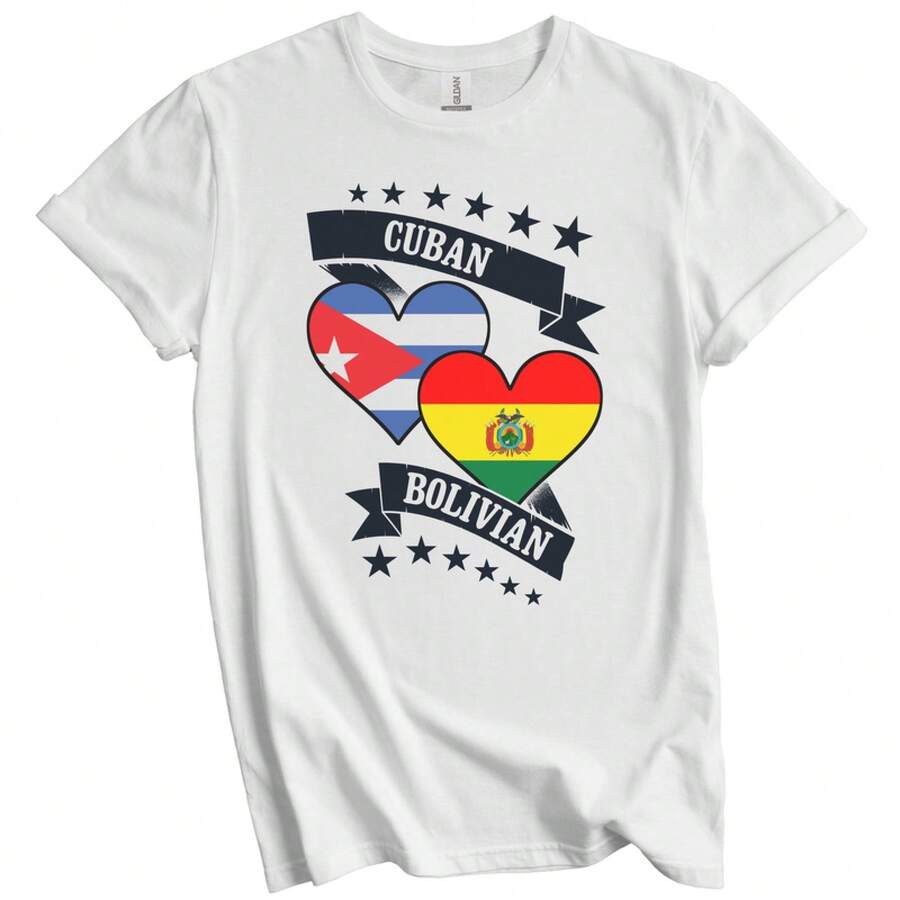 Camiseta con banderas de corazón de  y Bolivia, camiseta de fútbol, copa de fútbol, camiseta de manga corta 100% algodón de talla grande, adecuada para la colección de entusiastas del fútbol. - Blanco - Ver 1