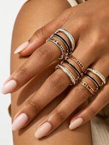 Set de 3 anillos de acero inoxidable con diamante de imitación, estilo europeo y americano de lujo, adecuado para uso diario y como regalo - Oro rosa - Ver 3