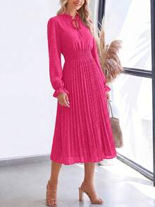 PRETTYGARDEN Women's Spring Fall Midi Dress Casual Long Sleeve V Neck Swiss Dot Pleated A Line Flowy Dresses New Years Party Valentine Vacation Dresses For Women - 玫瑰粉 - 查看 4