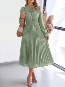 PRETTYGARDEN Women's Spring Fall Midi Dress Casual Long Sleeve V Neck Swiss Dot Pleated A Line Flowy Dresses New Years Party Valentine Vacation Dresses For Women - 淺綠_ - 查看 1
