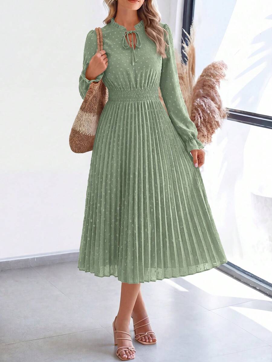 PRETTYGARDEN Women's Spring Fall Midi Dress Casual Long Sleeve V Neck Swiss Dot Pleated A Line Flowy Dresses New Years Party Valentine Vacation Dresses For Women - 淺綠_ - 查看 1