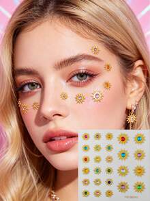 1 Peça Adesivo de Strass com Tema de Pôr do Sol Brilhante para Decoração Facial, Cristal Multicolorido + Padrão de Nuvem Degradê, Joia Facial Autoadesiva para Festival de Música, Festa de Verão, Halloween, Carnaval, Fotografia, Evento de Casamento e Ocasiões com Tema Boêmio - Multicolorido - Visão 2